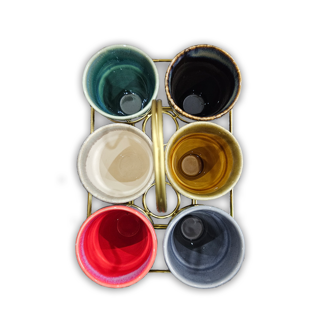 Multicolor Ceramic Karak Tea Mugs Set of 6 with Golden Stand
