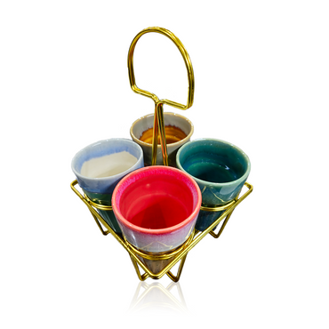 Multicolor Ceramic Karak Tea Mugs Set of 4 with Golden Stand