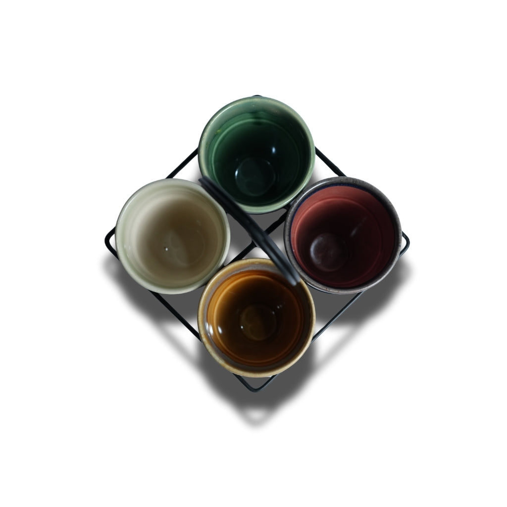 Multicolor Ceramic Karak Tea Mugs Set of 4 with Black Stand
