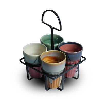 Multicolor Ceramic Karak Tea Mugs Set of 4 with Black Stand