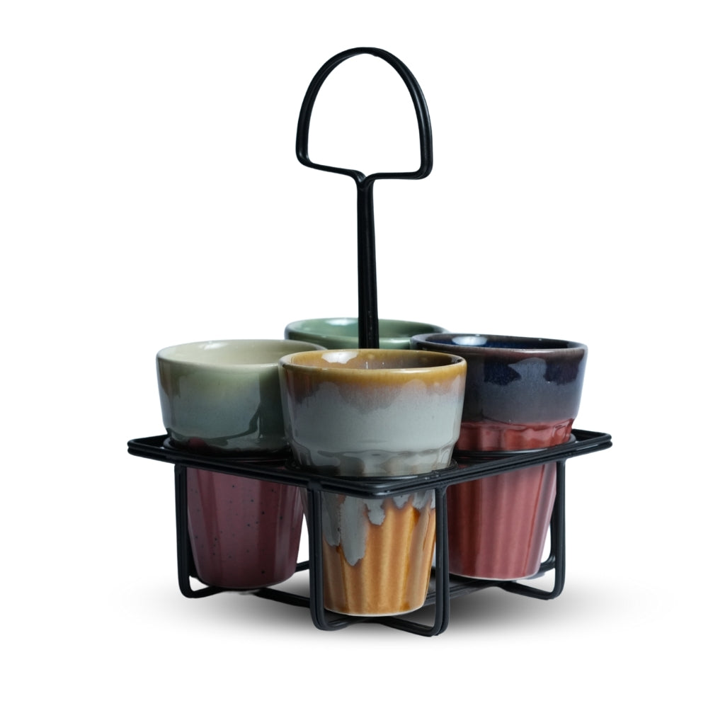 Multicolor Ceramic Karak Tea Mugs Set of 4 with Black Stand
