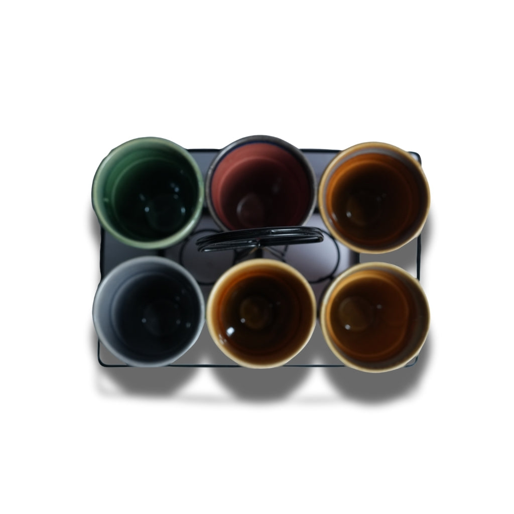 Multicolor Ceramic Karak Tea Mugs Set of 6 with Black Stand