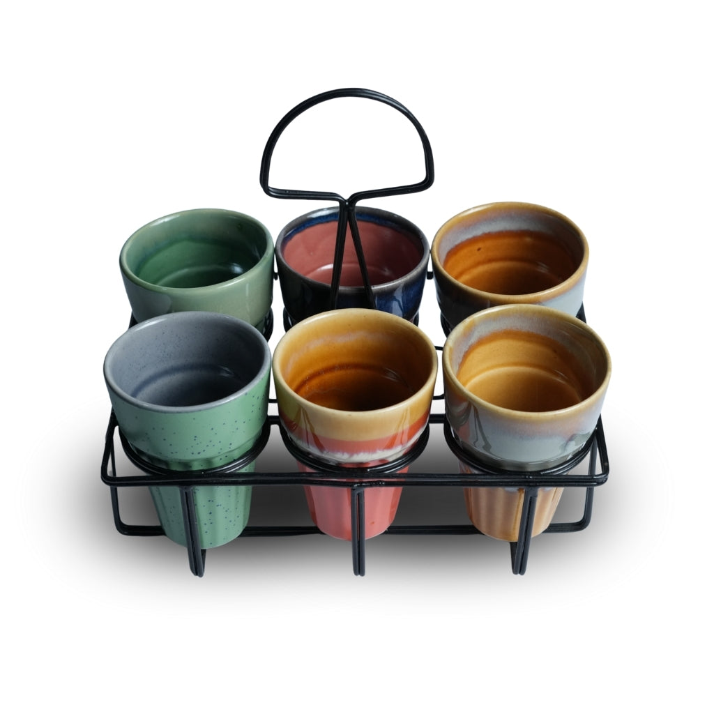 Multicolor Ceramic Karak Tea Mugs Set of 6 with Black Stand