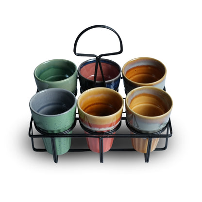 Multicolor Ceramic Karak Tea Mugs Set of 6 with Black Stand