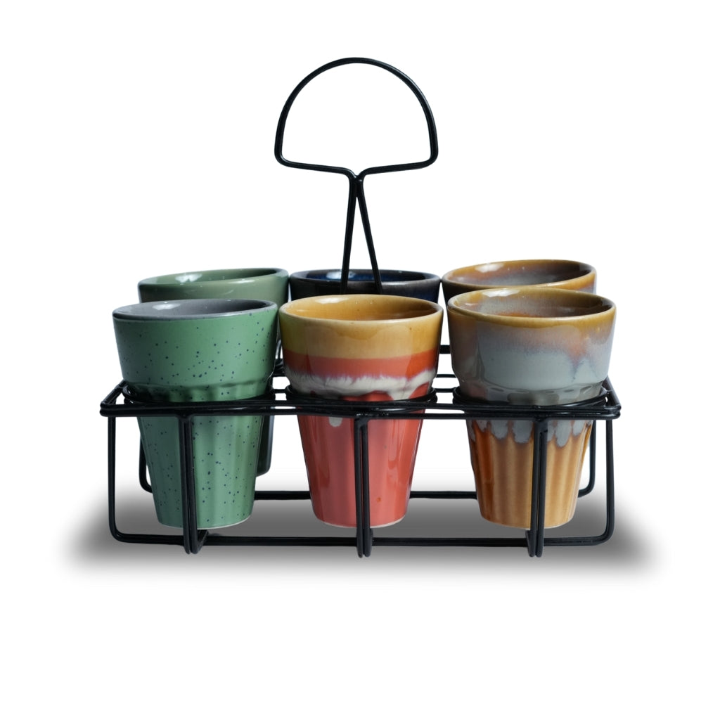 Multicolor Ceramic Karak Tea Mugs Set of 6 with Black Stand