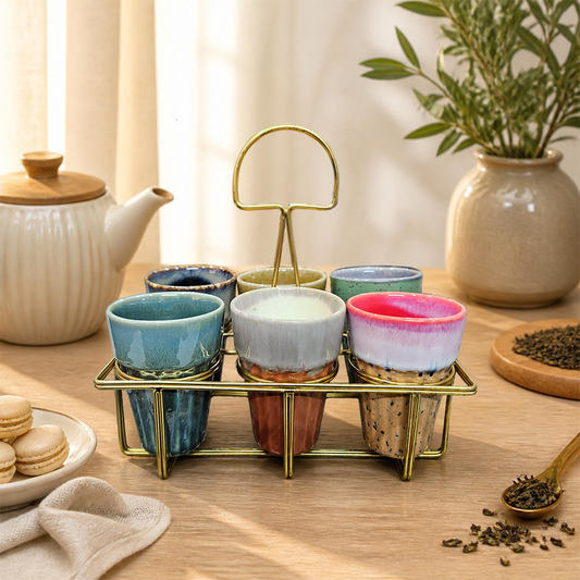 Multicolor Ceramic Karak Tea Mugs Set of 6 with Golden Stand