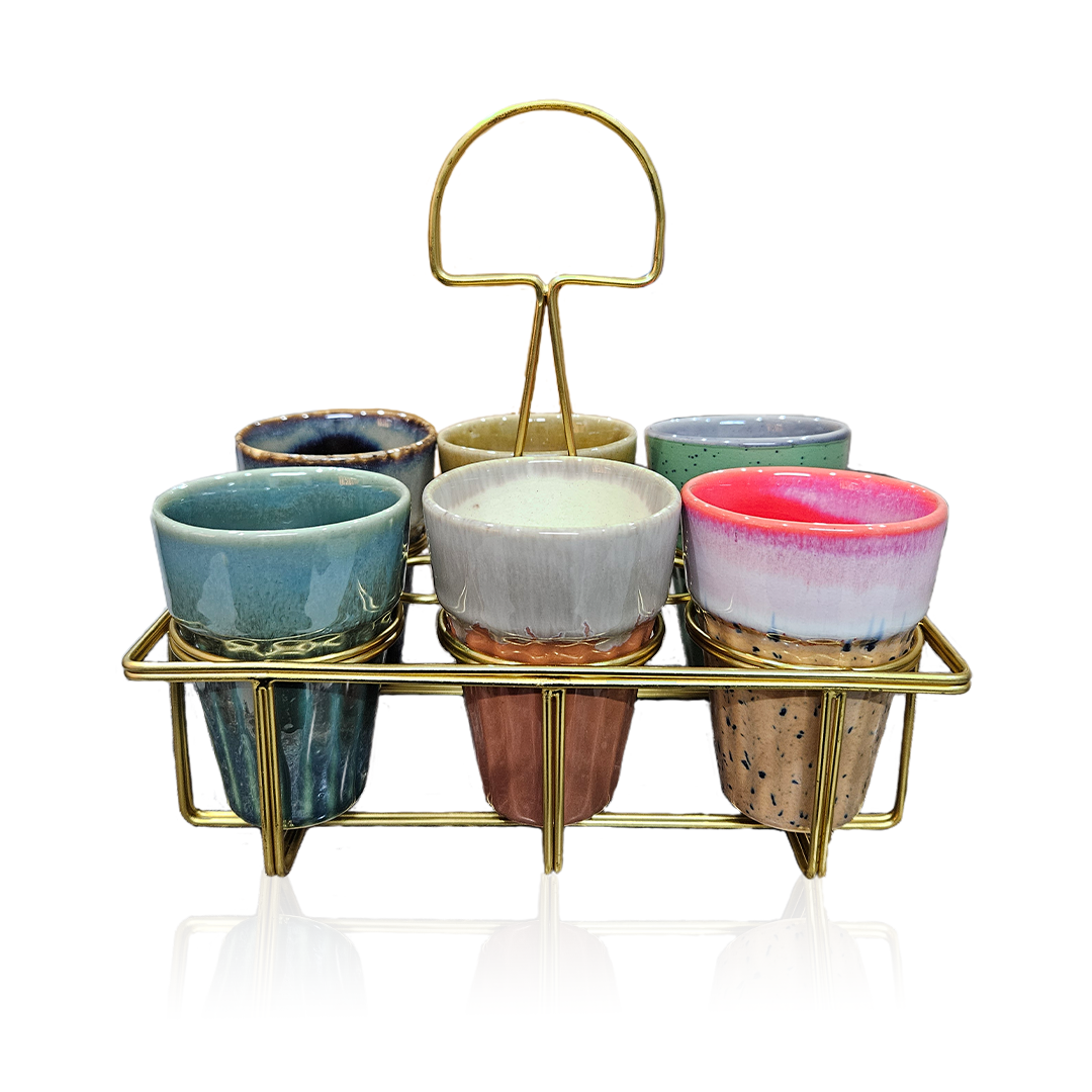 Multicolor Ceramic Karak Tea Mugs Set of 6 with Golden Stand