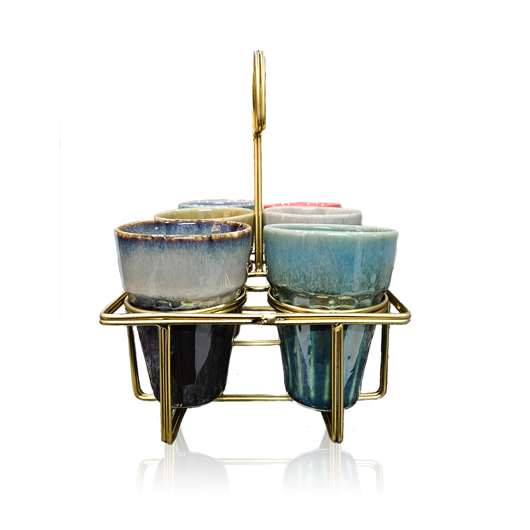 Multicolor Ceramic Karak Tea Mugs Set of 6 with Golden Stand
