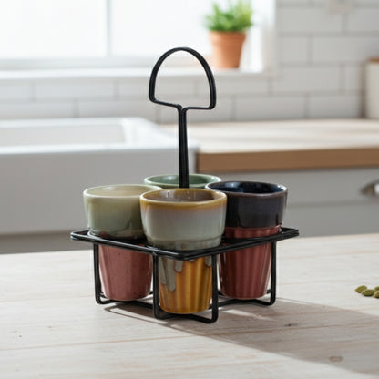 Multicolor Ceramic Karak Tea Mugs Set of 4 with Black Stand