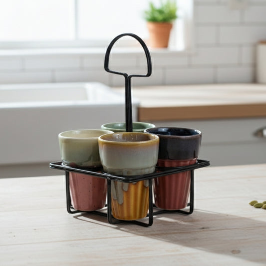 Multicolor Ceramic Karak Tea Mugs Set of 4 with Black Stand