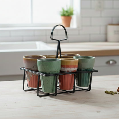 Multicolor Ceramic Karak Tea Mugs Set of 6 with Black Stand