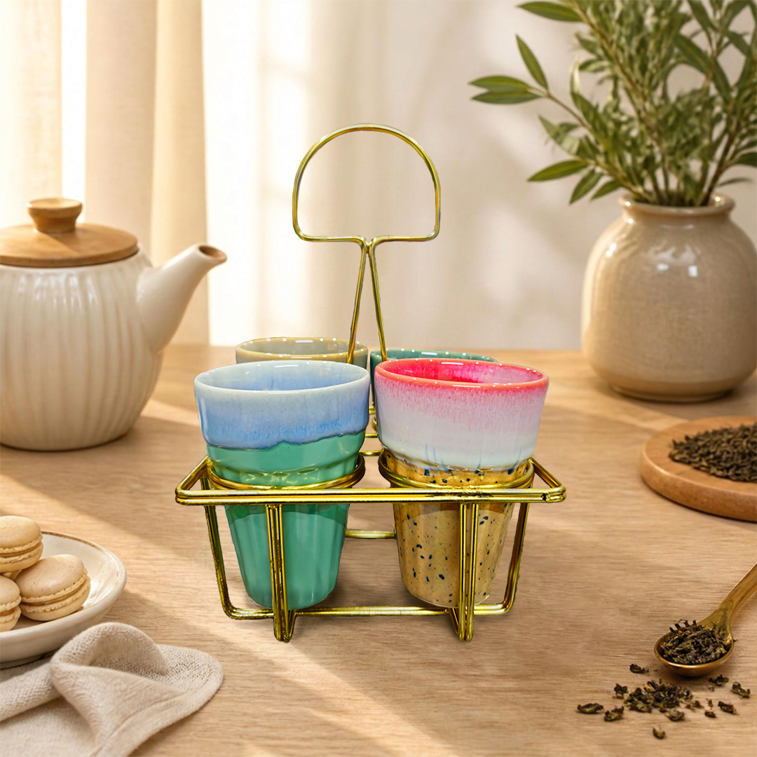 Multicolor Ceramic Karak Tea Mugs Set of 4 with Golden Stand