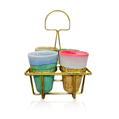 Multicolor Ceramic Karak Tea Mugs Set of 4 with Golden Stand